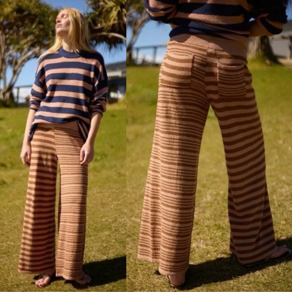 FREE PEOPLE Allyson Striped Pants Womens M Brown Tan Free-est Boho Knit NWT